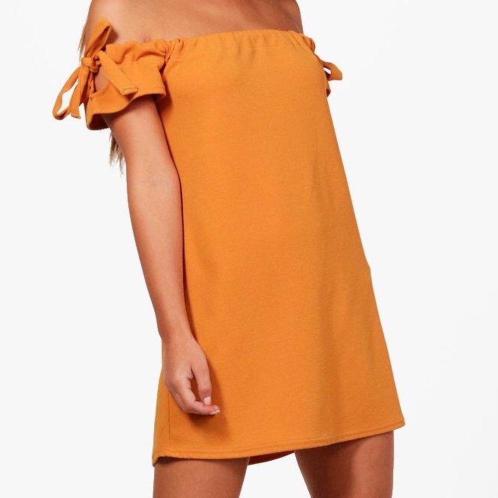 Boohoo Mustard Off the Shoulder Dress